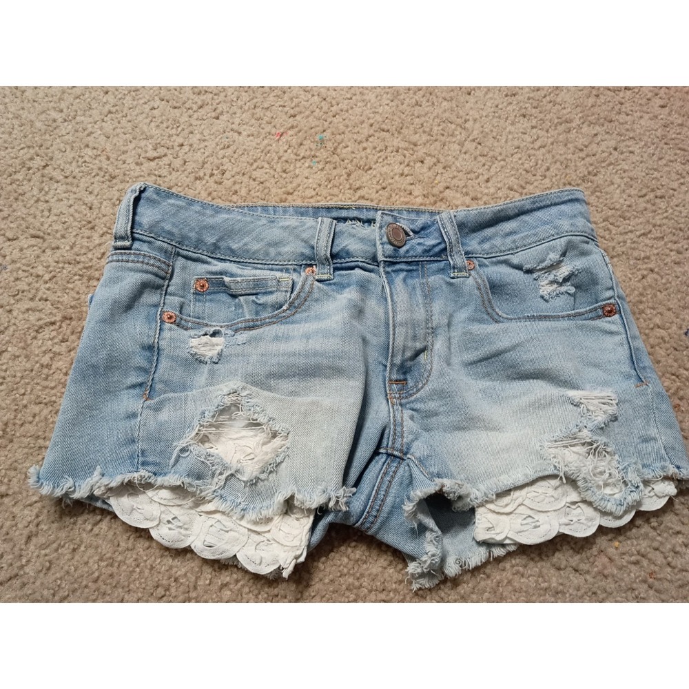 American Eagle Shortie Denim Short Shorts Women's Size 6 Floral Lace Pockets